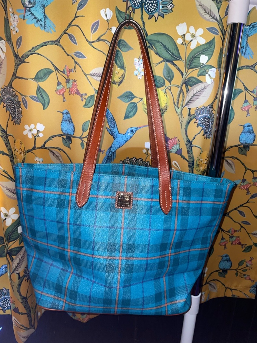 Dooney and Bourke Teal Plaid Tote Bag with Brown Leather Handles